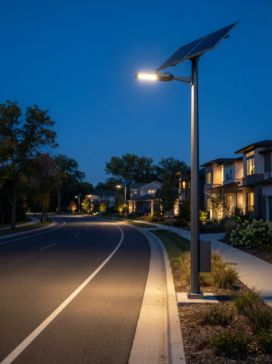 Solar street lighting installation at dusk
