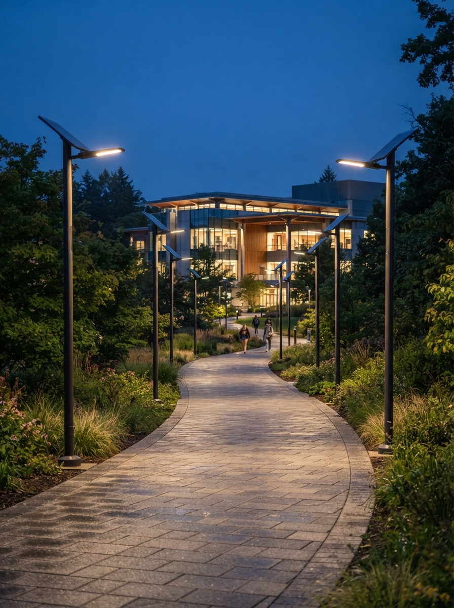 Solar pathway lights along walkway