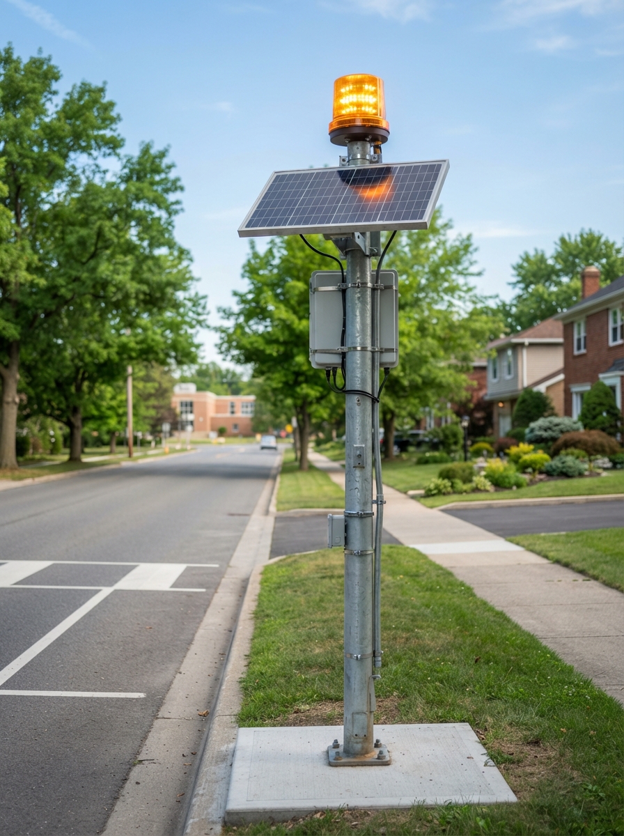 Solar-powered school zone warning sign