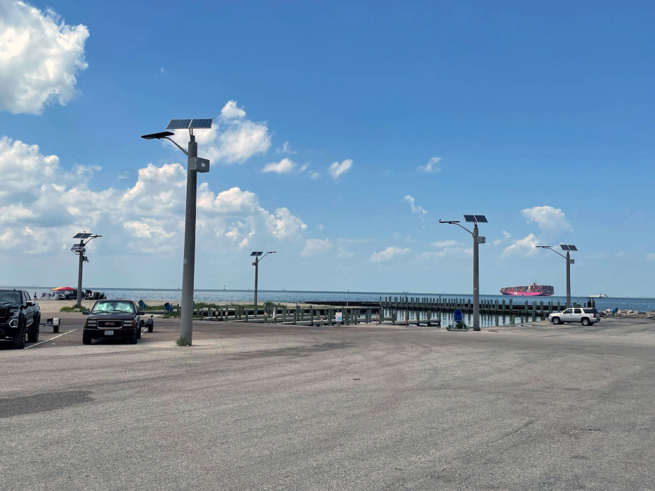 Solar LED street lights along a roadway