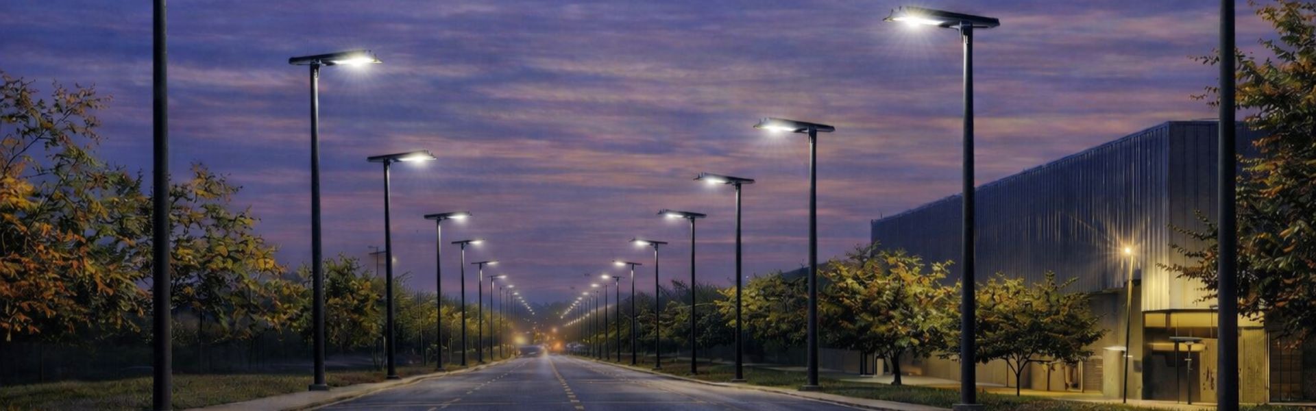 Solar street lighting installation at dusk