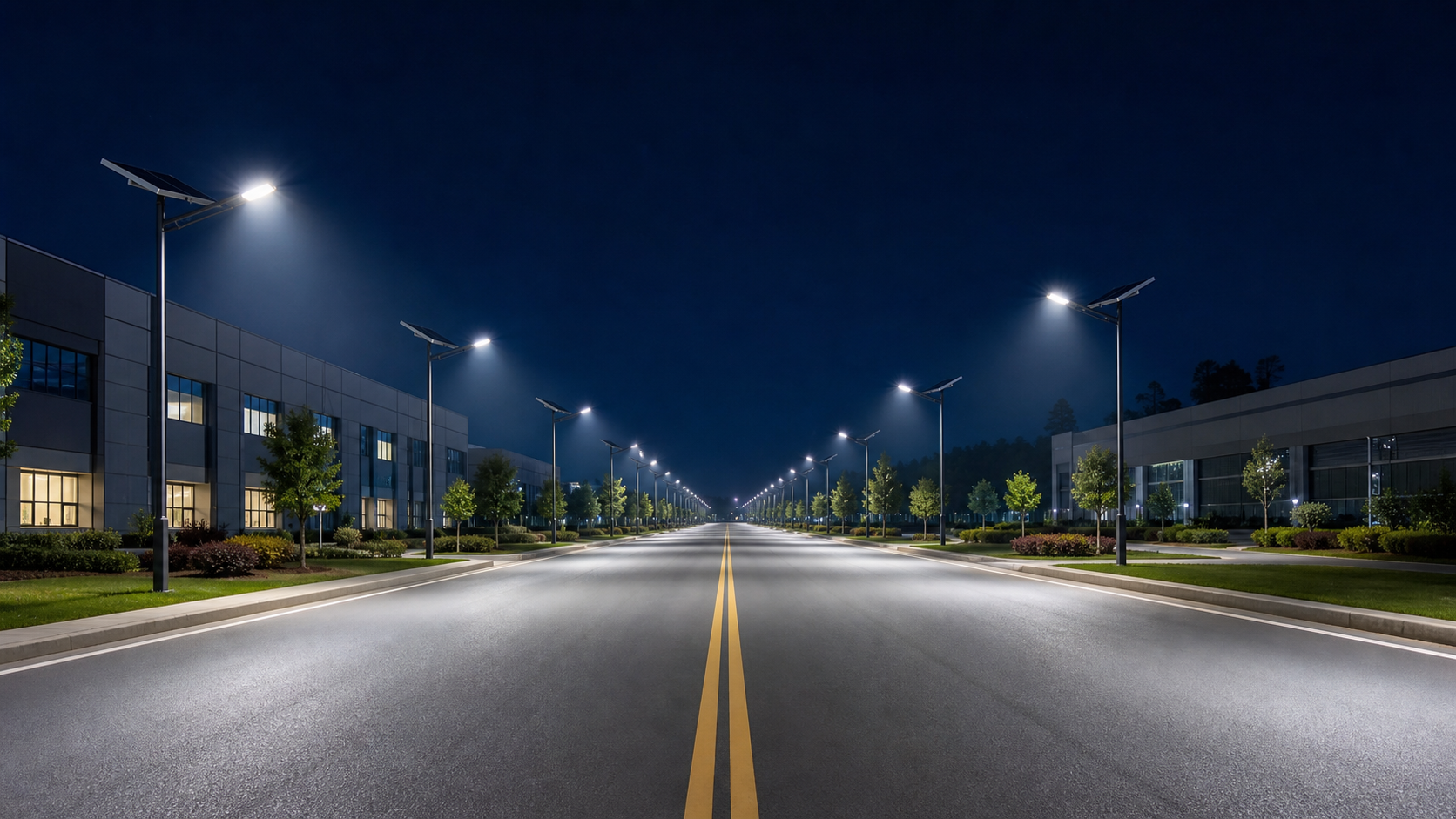 Solar street and roadway lighting at night