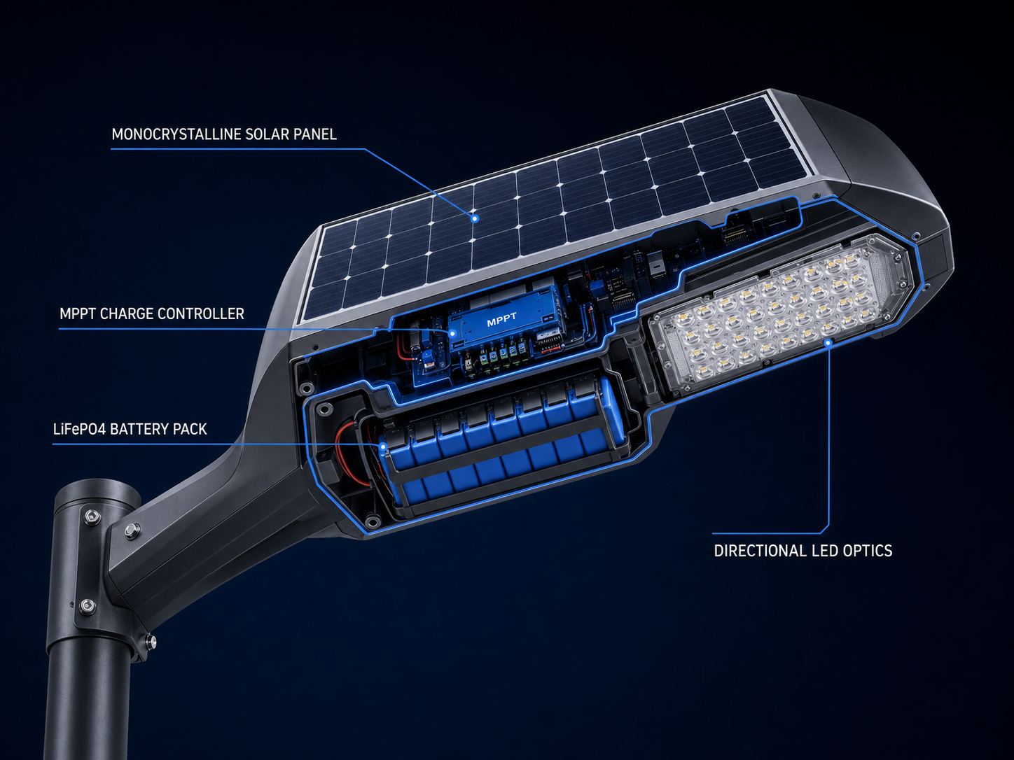 Cutaway of an all-in-one solar street light showing the monocrystalline solar panel, MPPT charge controller, LiFePO4 battery pack, and directional LED optics